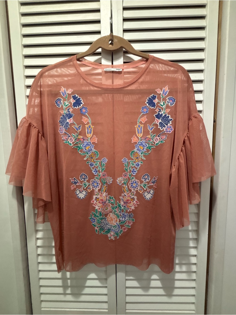 Zara Sheer Rust Floral Embroidered Women’s Top